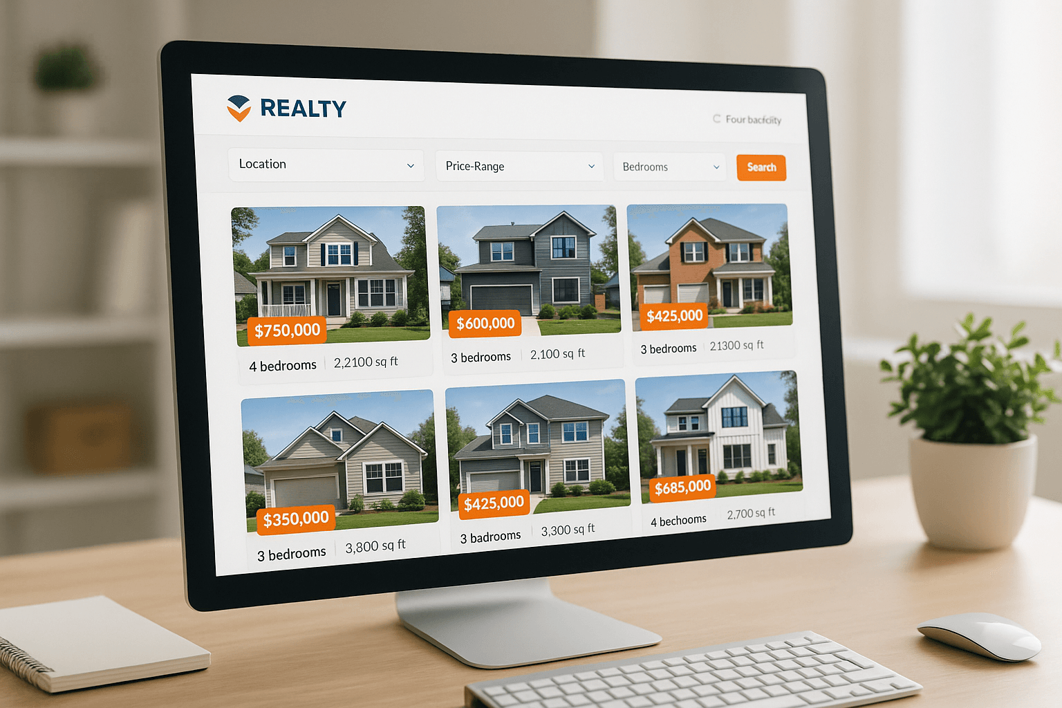 Computer screen displaying several real estate listings with home prices and details, representing how MLS data powers online home searches for buyers and agents.