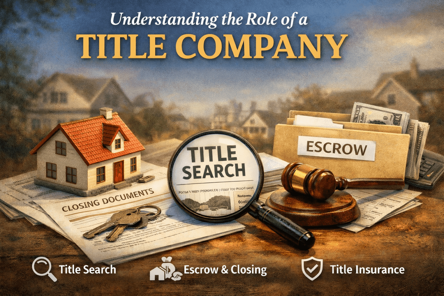 A real estate–themed graphic showing a miniature home resting on closing documents, keys placed nearby, and a magnifying glass labeled “Title Search.” An escrow folder filled with funds and a gavel symbolize the financial security and legal structure involved in a real estate closing. The image visually represents the core responsibilities of a title company: verifying ownership, identifying and resolving title issues, managing escrow funds, issuing title insurance, and recording the final transfer of property.