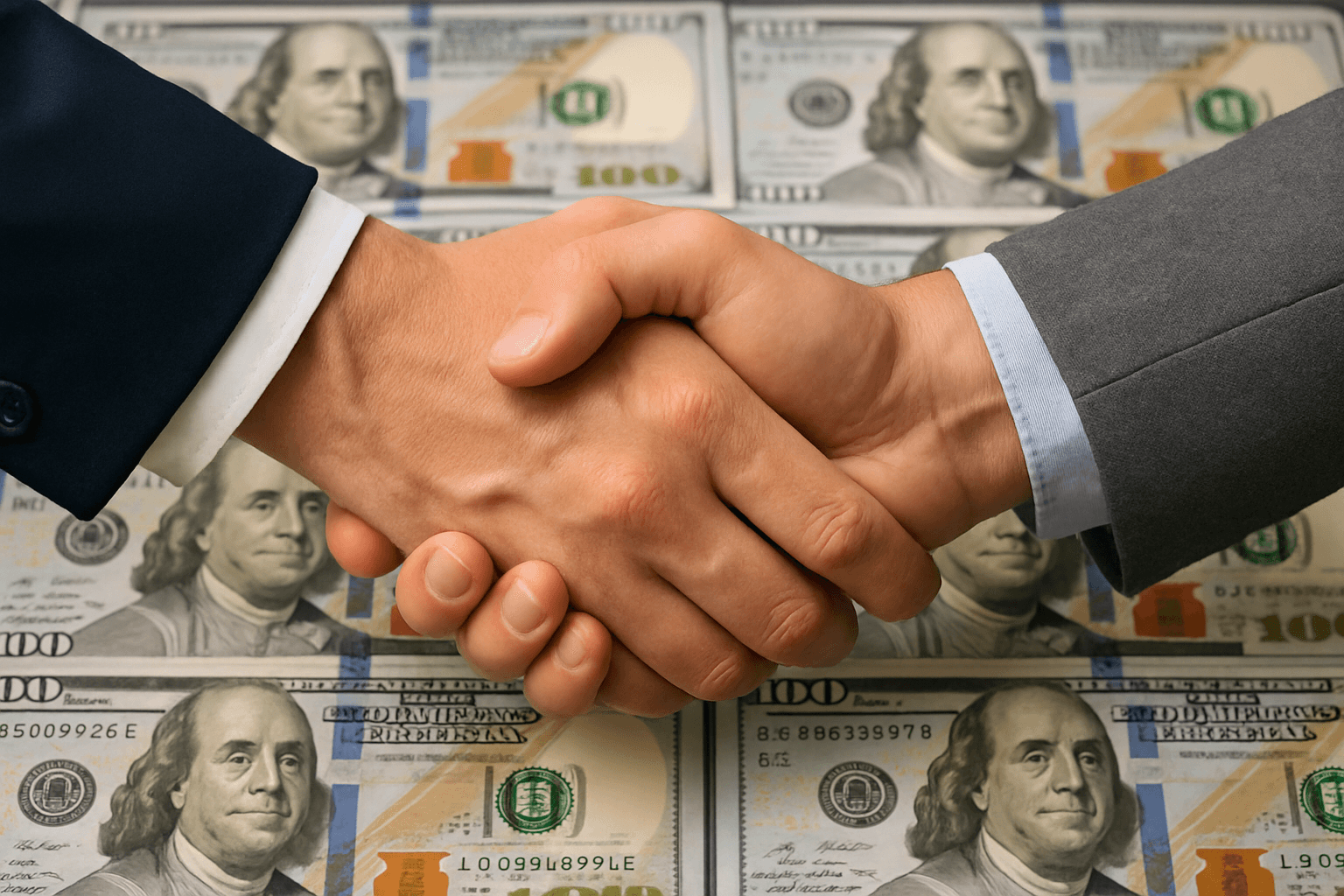 Handshake backed by cash Two people in business attire shaking hands over U.S. hundred-dollar bills, representing a secure real estate agreement and the financial trust of an earnest money deposit.