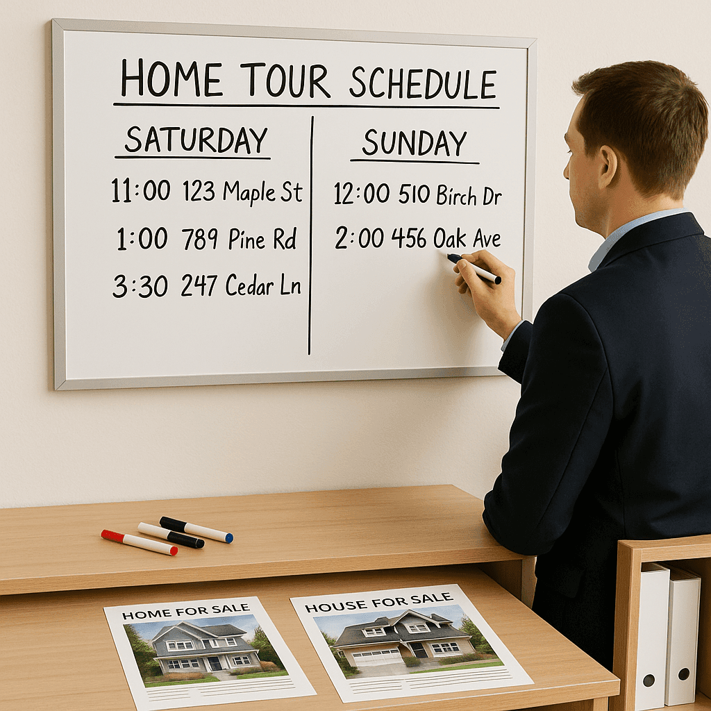 An agent plans a weekend home tour schedule—grouping showings efficiently helps buyers stay organized and make the most of each visit.