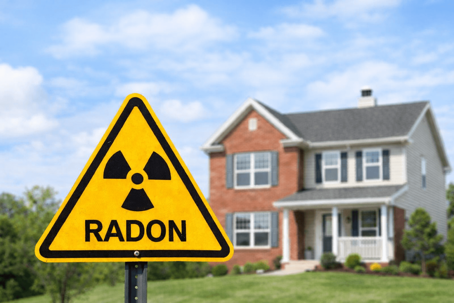 Radon Inspection Warning Sign in Front of a Residential Home A radon warning sign placed in front of a single-family home highlights the importance of radon testing during the home inspection process.