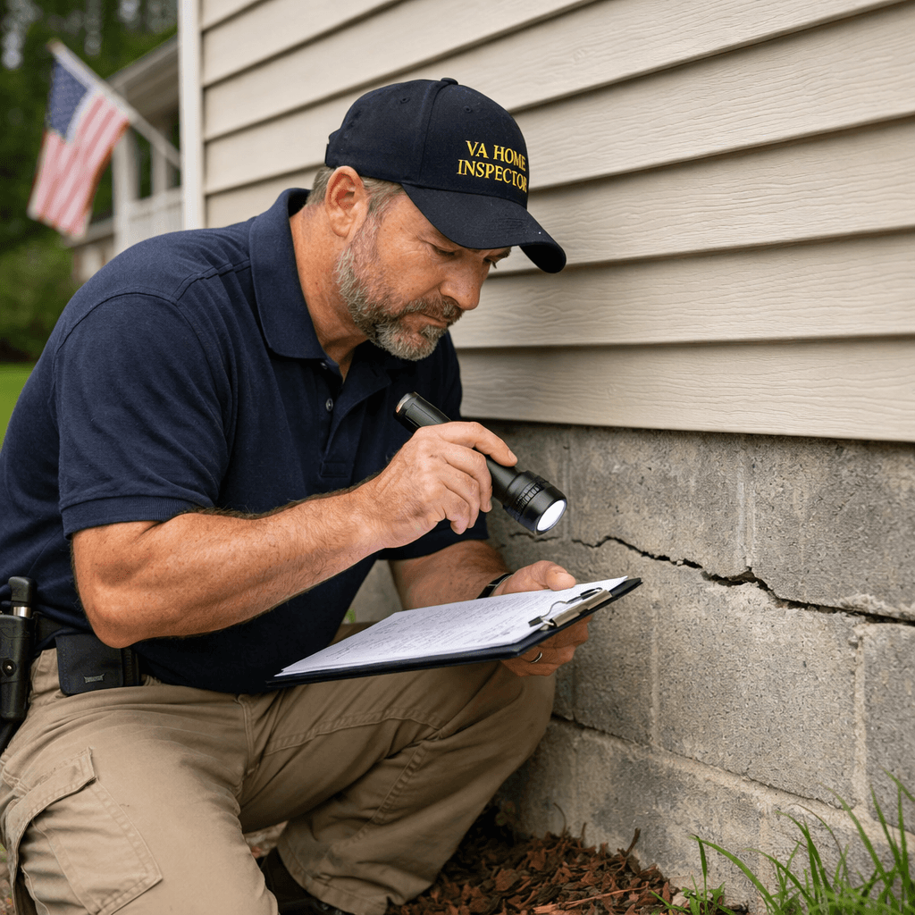VA Home Inspection in Virginia: Identifying Foundation Concerns Early A licensed home inspector examines a foundation crack during a Virginia home inspection, documenting visible issues for buyer review.
