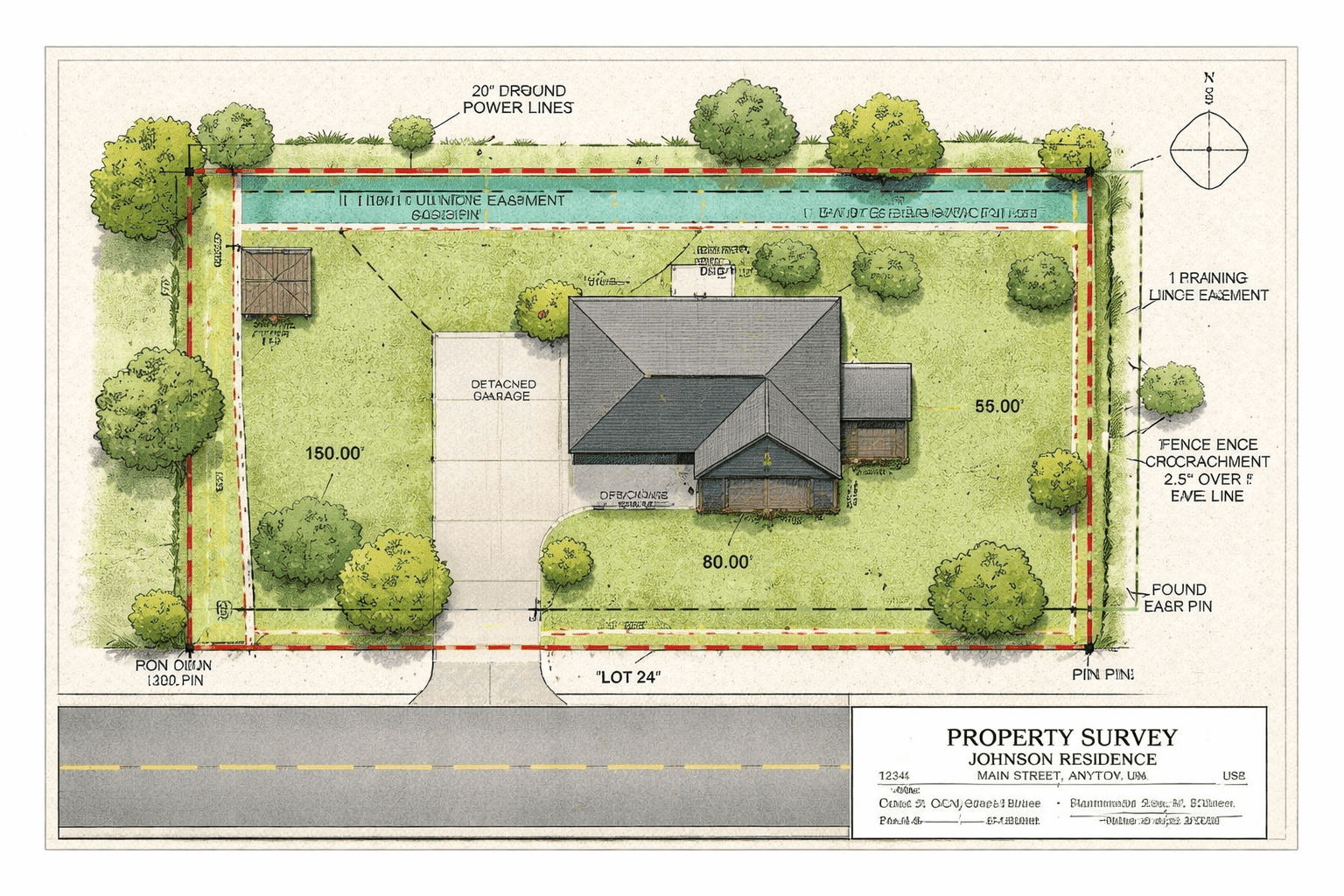 Residential Property Survey Showing Easements and Setbacks A detailed property survey outlining lot boundaries, utility easements, encroachments, and structure placement—critical information for buyers reviewing a home purchase.