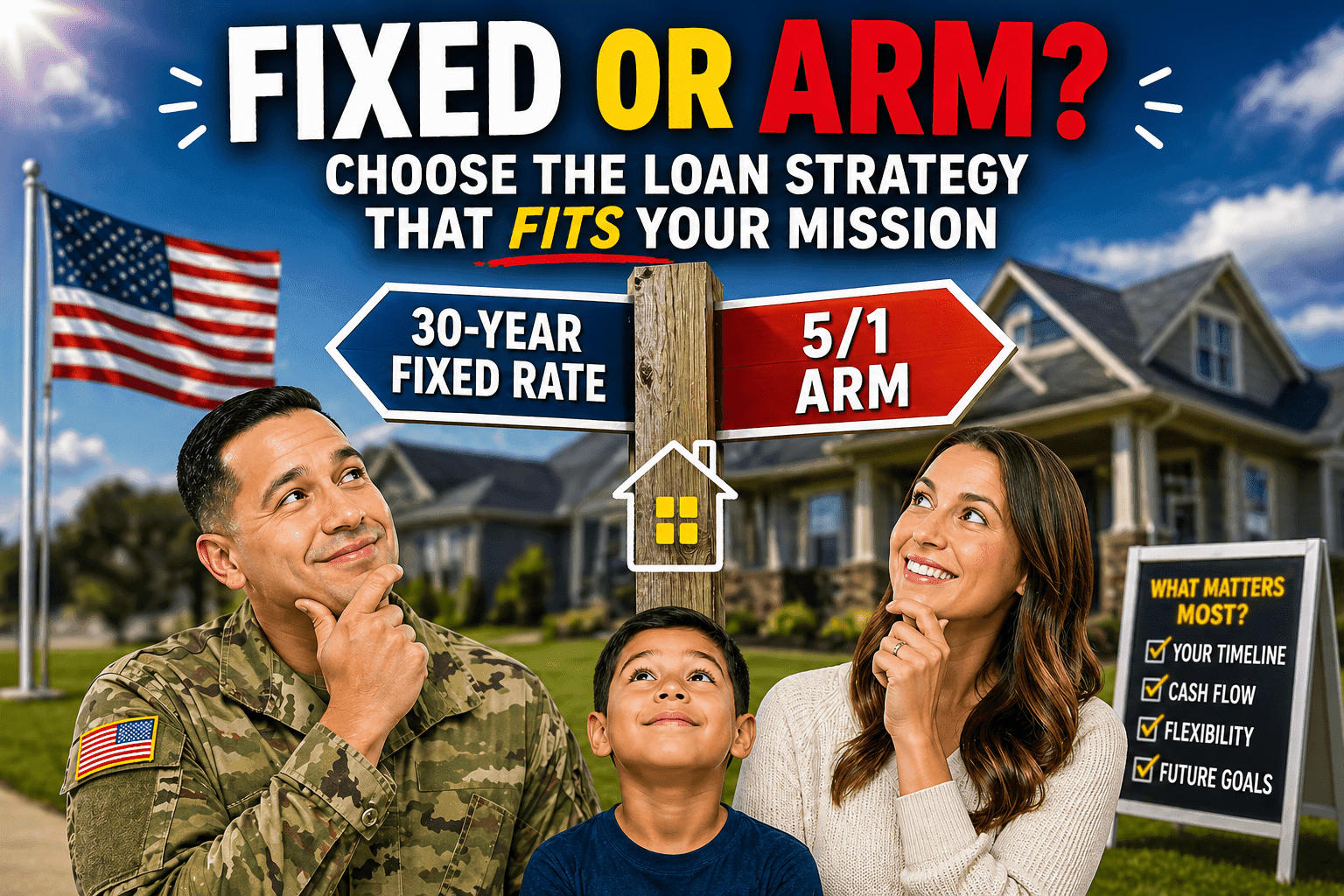 Military family comparing 30-year fixed-rate VA loan vs 5/1 ARM mortgage for home buying and PCS planning.