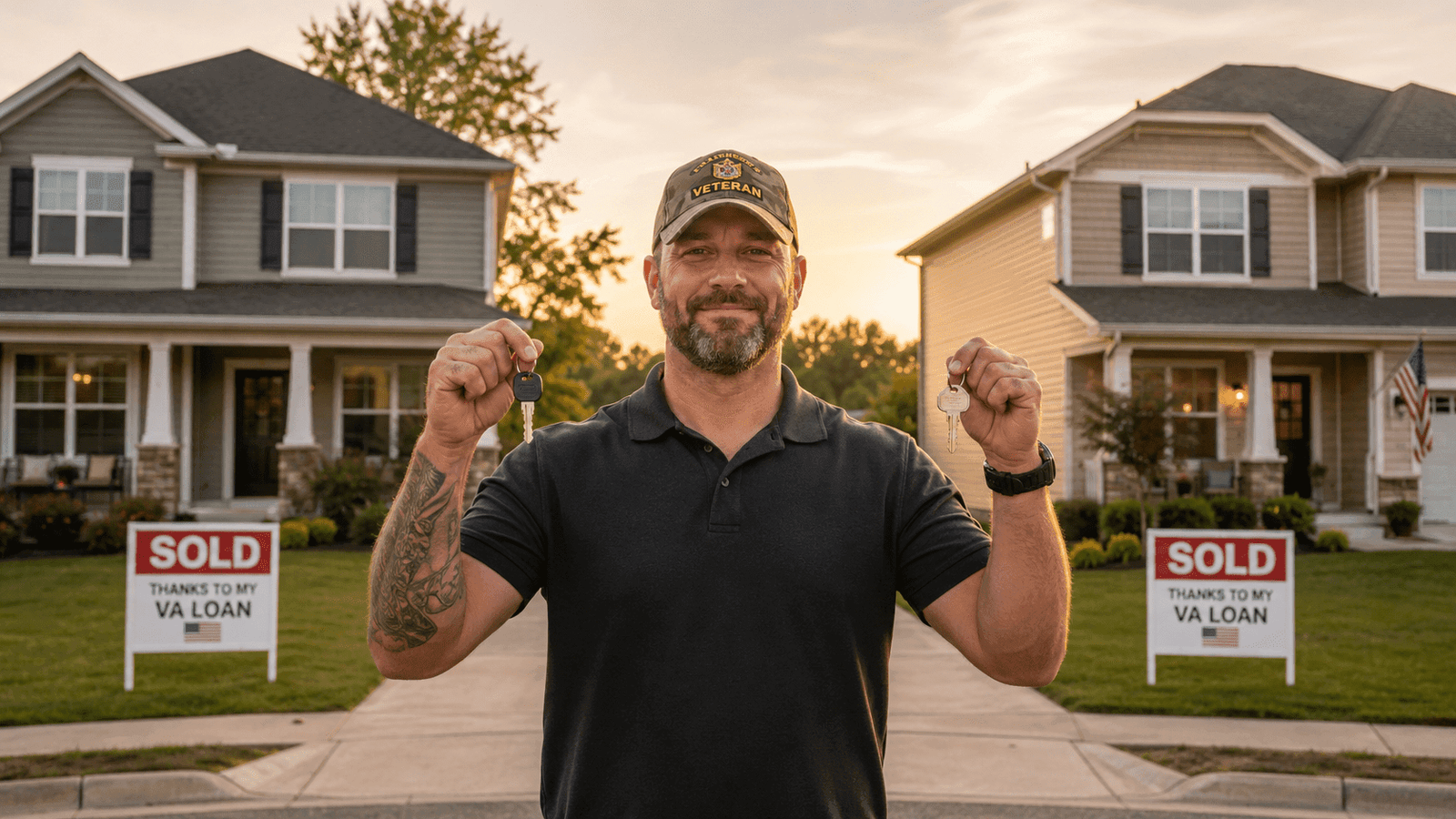 Veteran holding two house keys after buying homes with VA loan benefit twice Veteran holding two sets of house keys triumphantly in front of two sold homes, illustrating the ability to reuse the VA loan benefit
