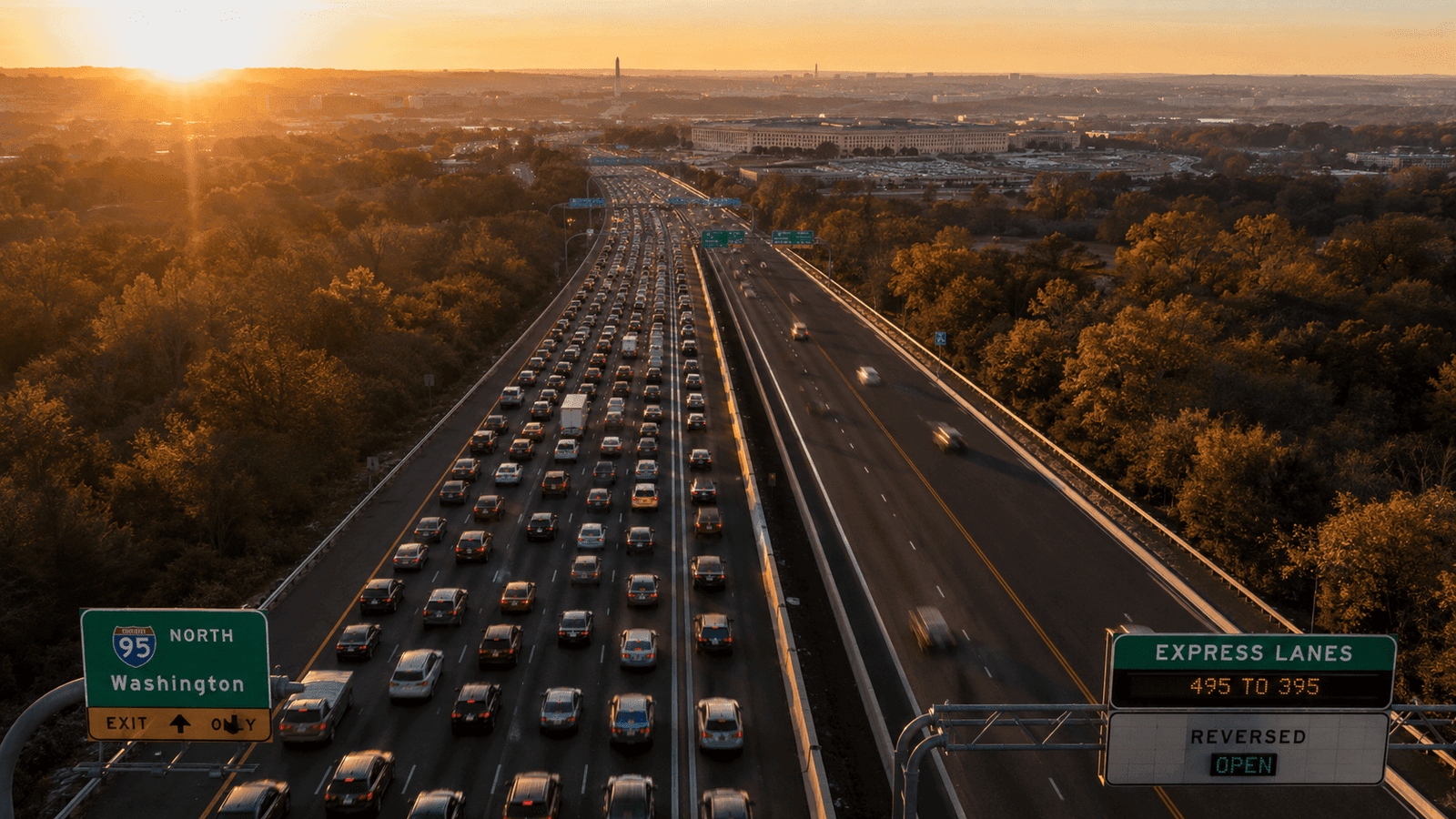 Aerial view of I-95 highway corridor in Northern Virginia at dawn with heavy commuter traffic heading toward the Pentagon and Washington D.C.