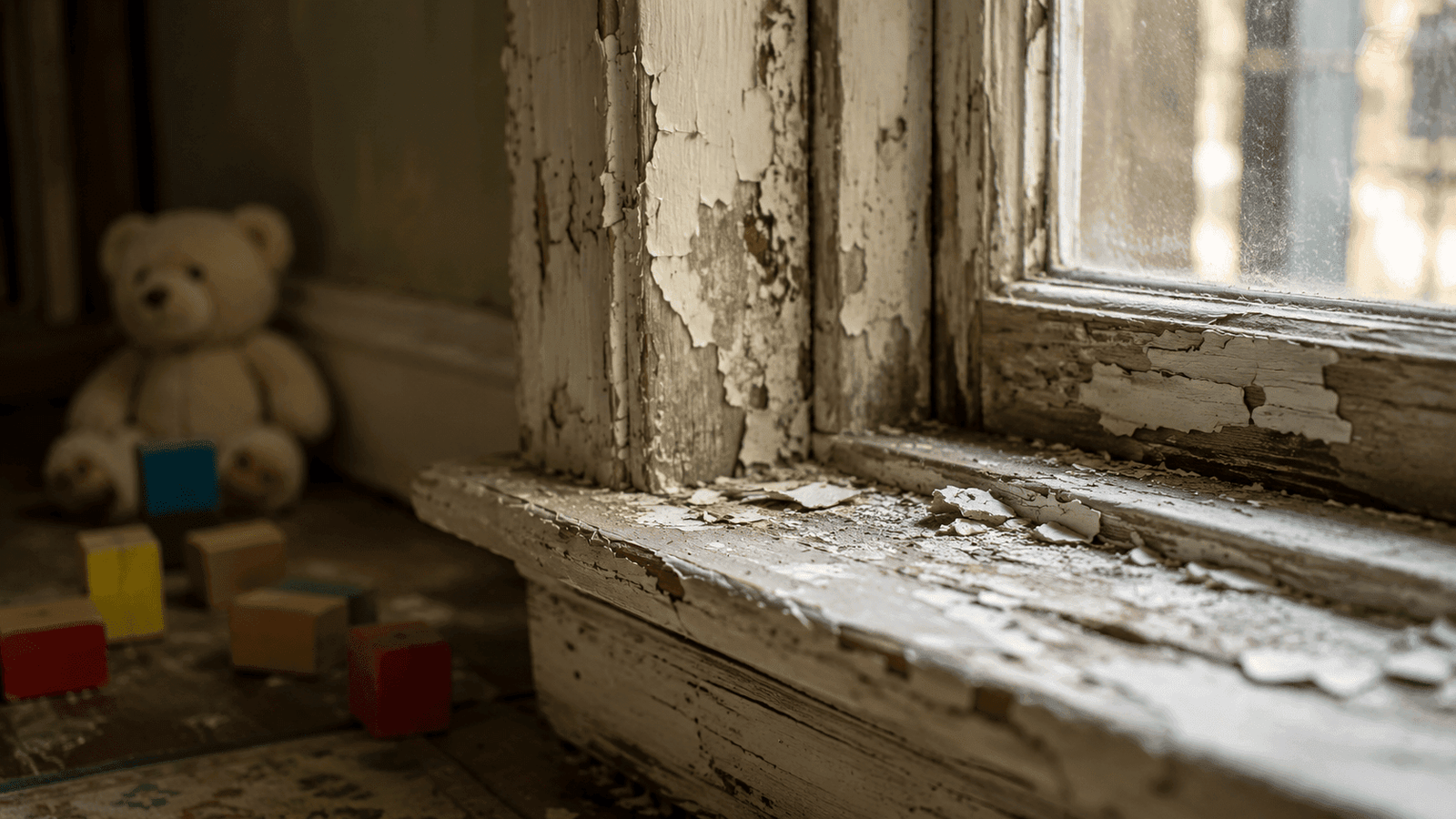 Close-up of peeling paint and deteriorating wood on an old window frame, with a blurred teddy bear and children’s blocks in the background.