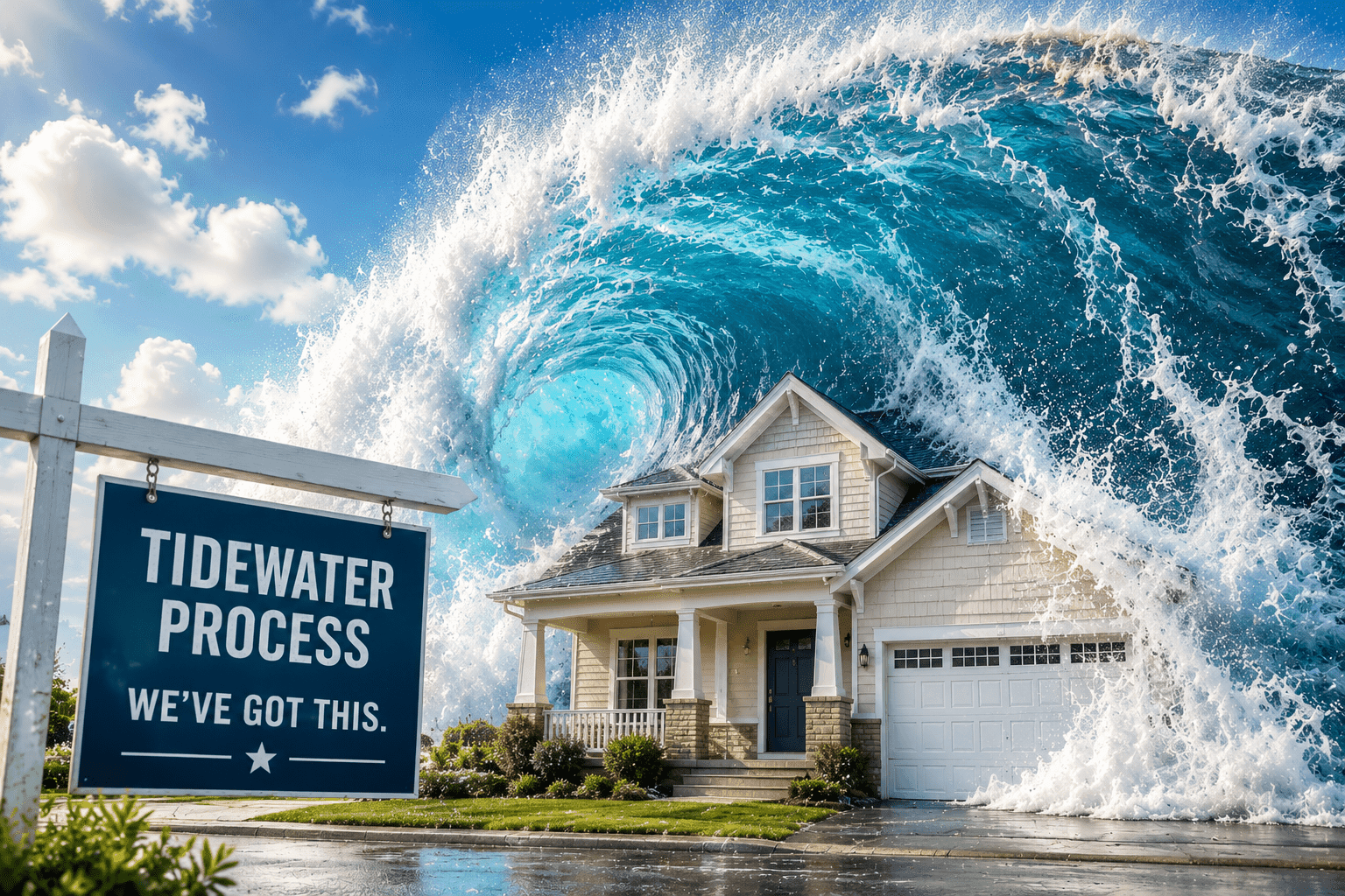 Large ocean wave crashing behind a suburban home with a “Tidewater Process” sign, symbolizing the uncertainty and support involved in a VA loan Tidewater appraisal review.