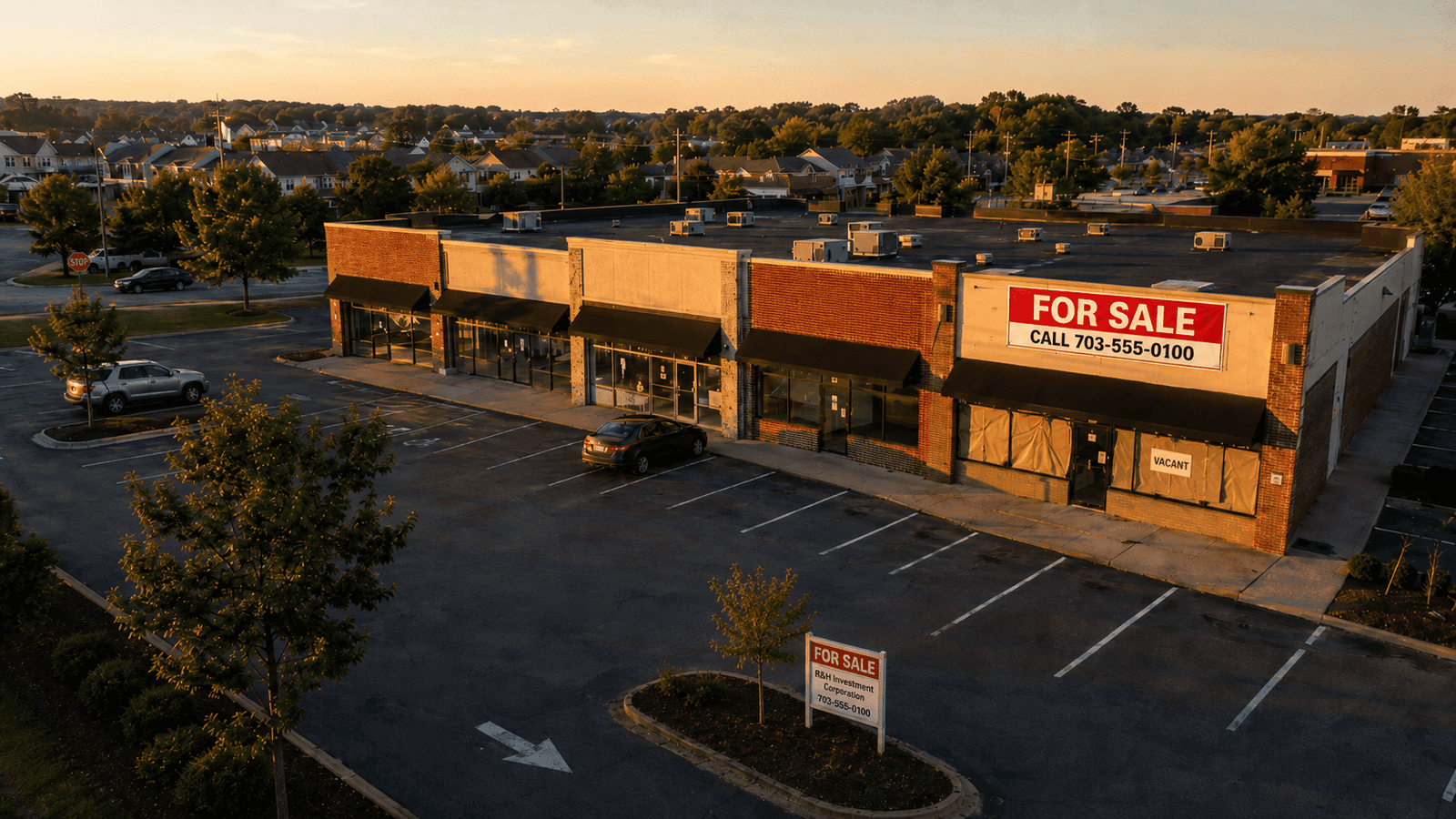 Commercial Property For Sale — First-Time Buyer Guide Aerial view of a suburban strip mall with a for sale sign in the parking lot.