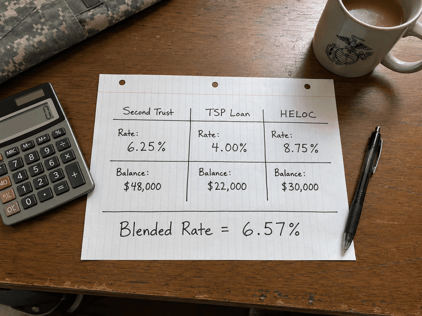 Handwritten blended rate calculation worksheet on wooden desk with calculator and pen, showing VA assumption financing scenarios