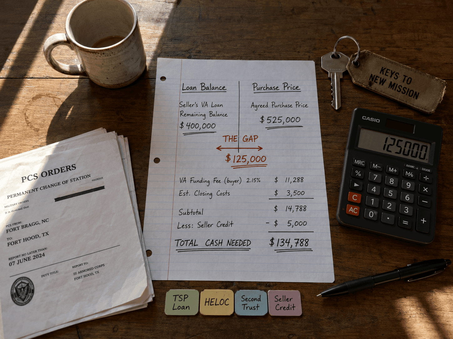 Overhead view of VA assumption gap worksheet with calculator, PCS orders, house key, coffee mug, pen, and funding option markers on a wooden kitchen table.