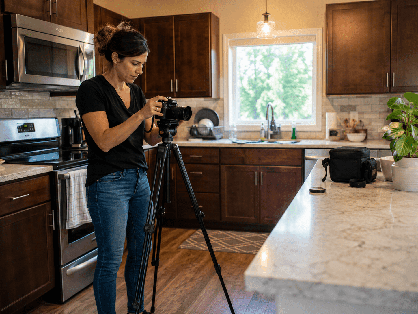 Female real estate photographer adjusting camera on tripod in a slightly messy kitchen before a listing photo shoot
