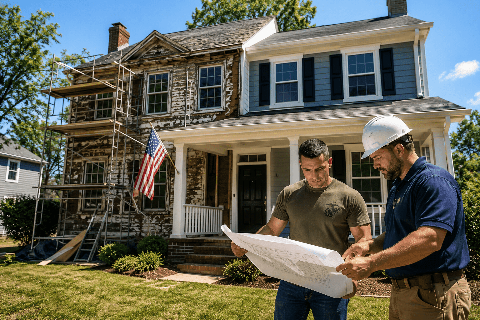 Marine in civilian clothes reviewing renovation blueprints with a contractor outside a partially renovated colonial home