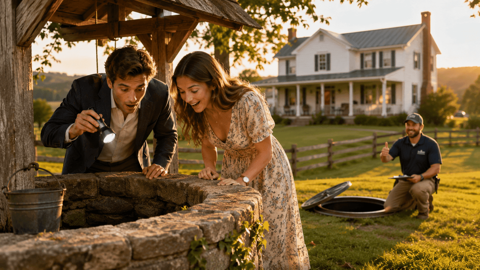 Homebuyers looking into a well while an inspector checks the septic tank at a Virginia farmhouse