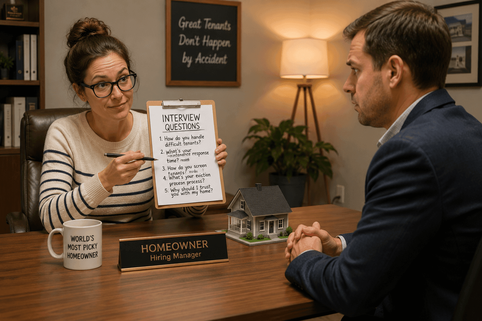Homeowner interviewing a property manager across a desk with a model house between them