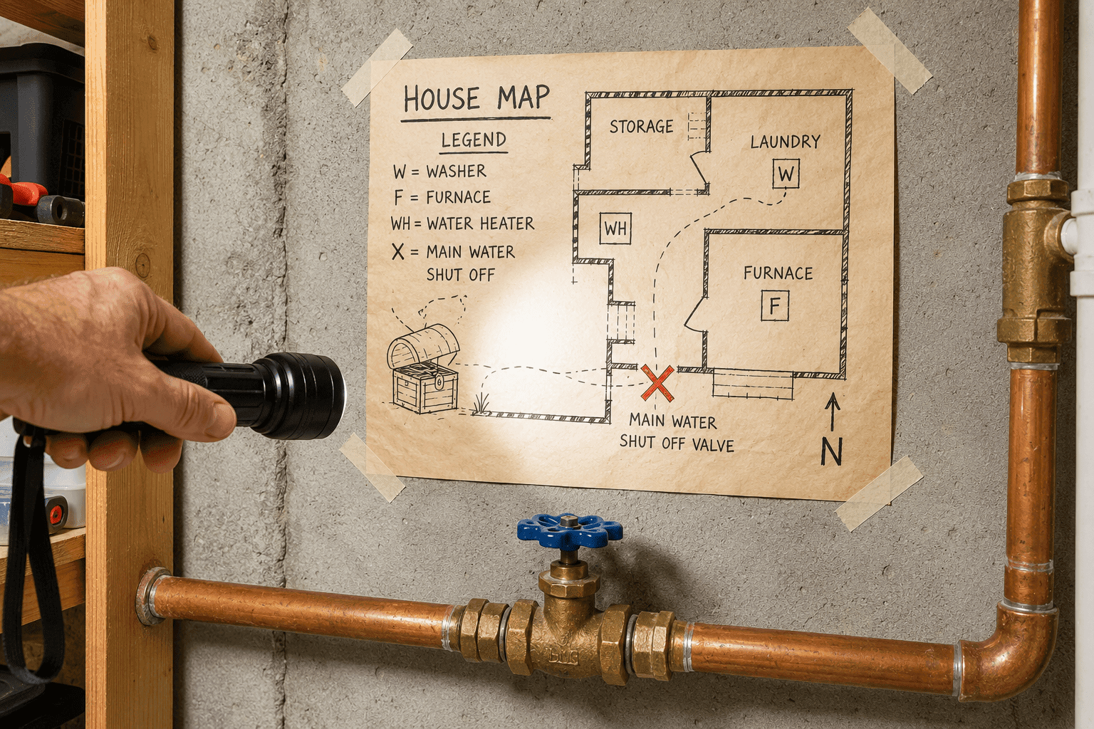 Treasure-map style house diagram on a basement wall with a red X marking the main water shutoff valve