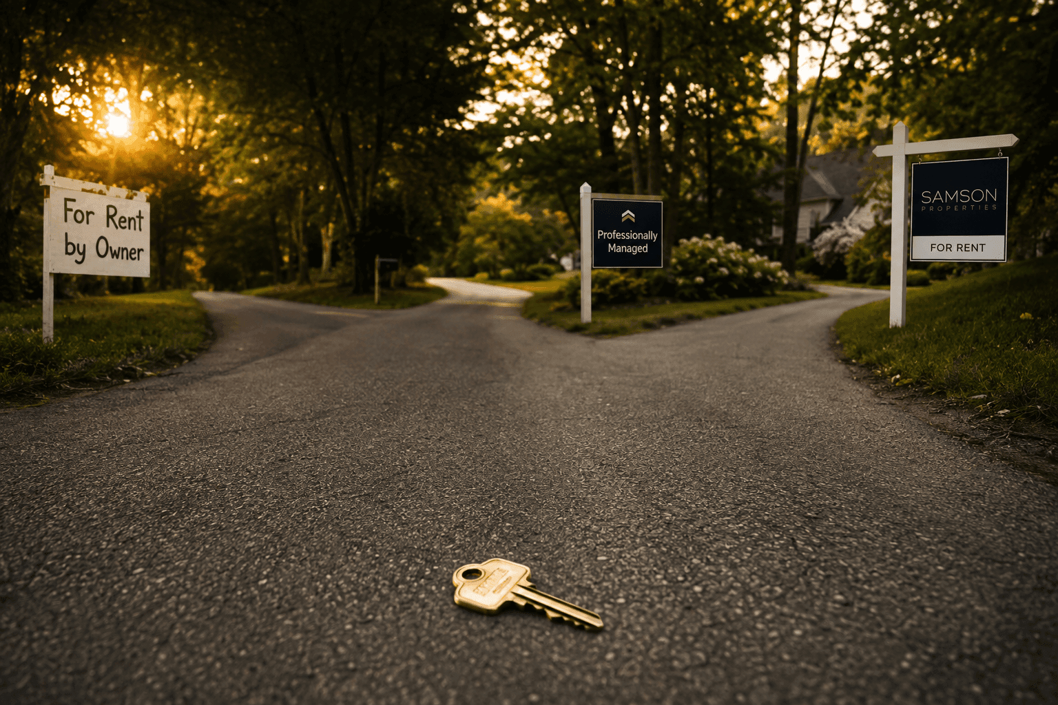 Three Ways to Run a Virginia Rental House key at a three-way fork with for-rent-by-owner, property manager, and Realtor rental signs