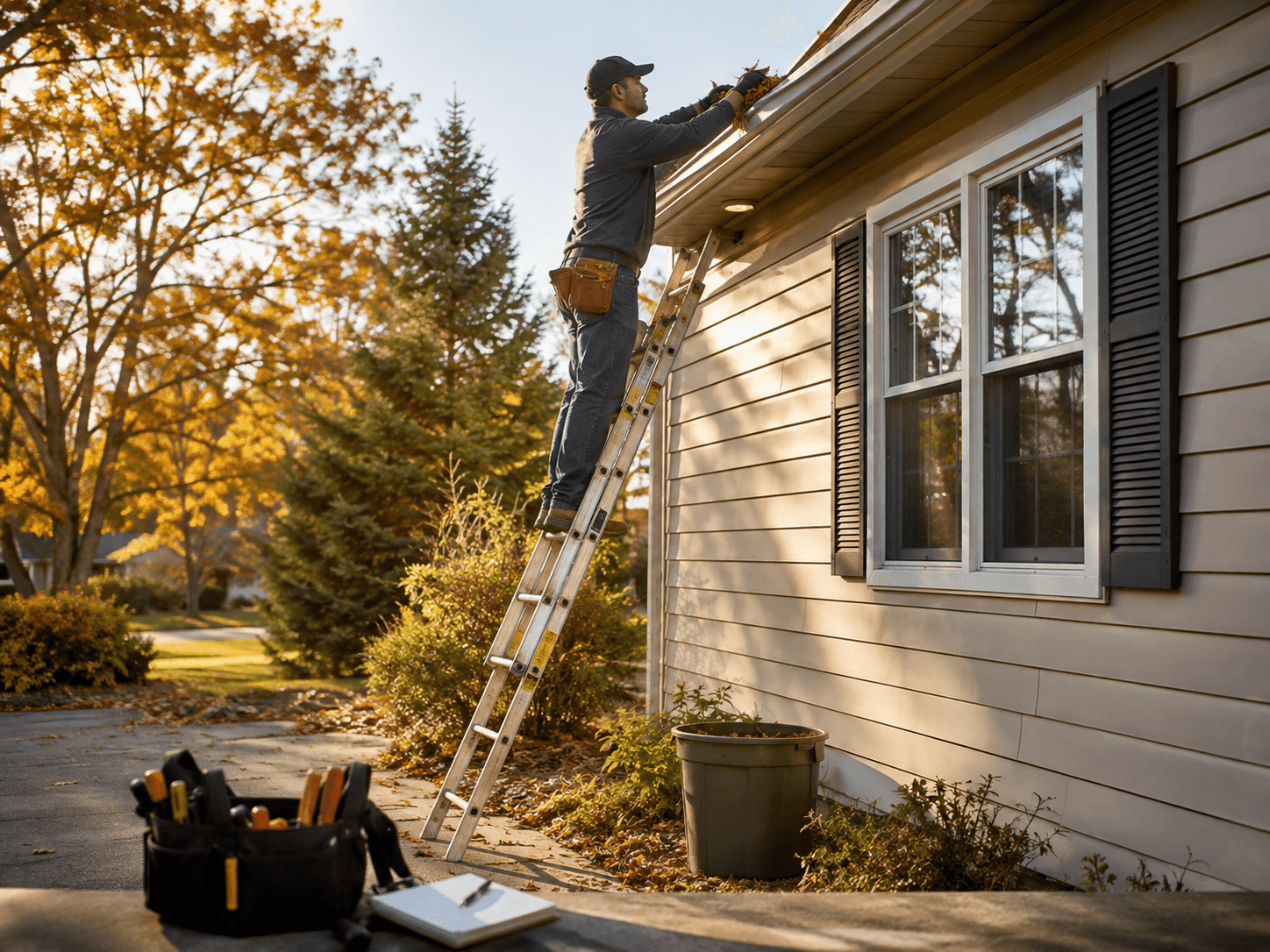 Building a Year-Round Home Maintenance Plan Homeowner on a ladder cleaning gutters in autumn light with tools on the ground