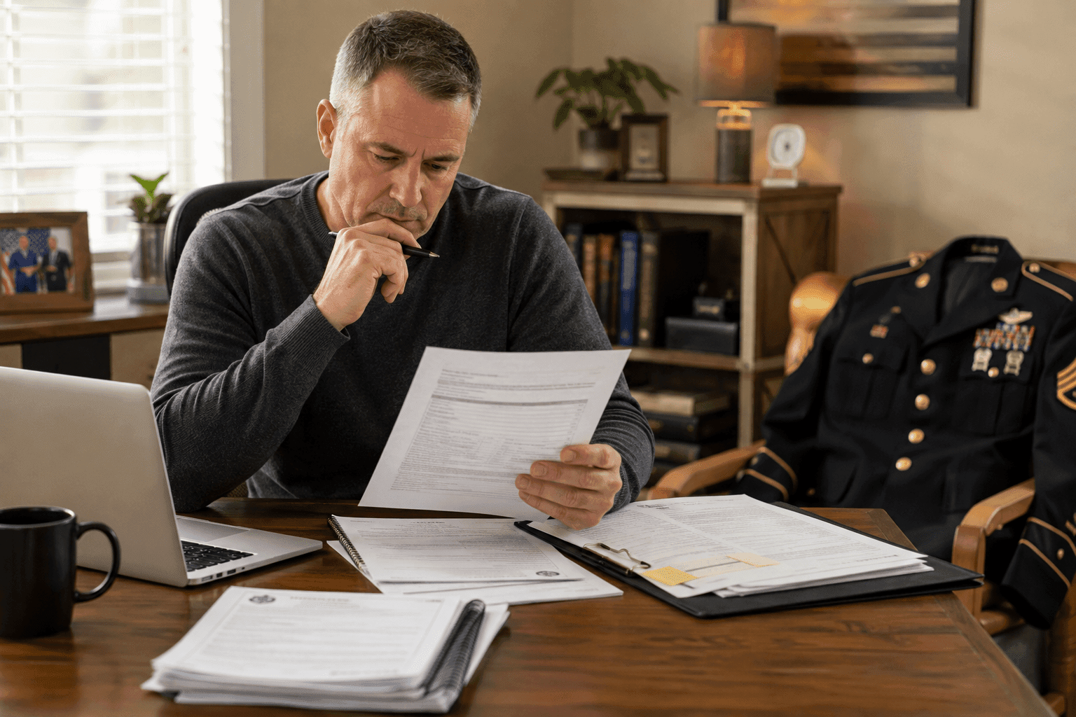 Recently retired service member reviewing paperwork at a desk with a folded uniform in the background