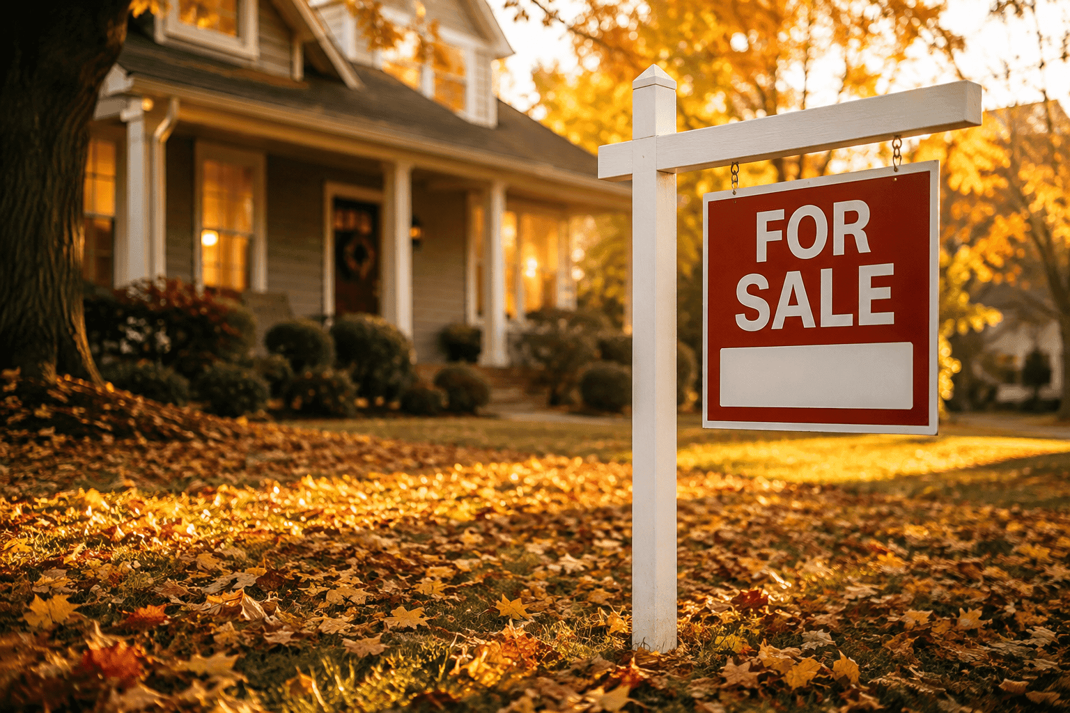 For Sale sign in a front yard covered with fall leaves in golden afternoon light