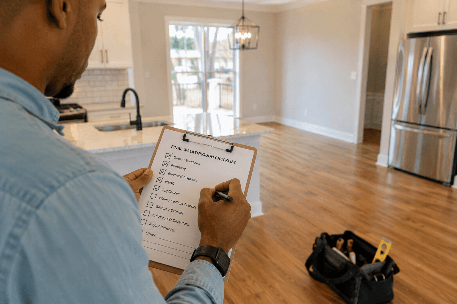 Homebuyer checking off items on a printed walkthrough checklist in an empty living room.