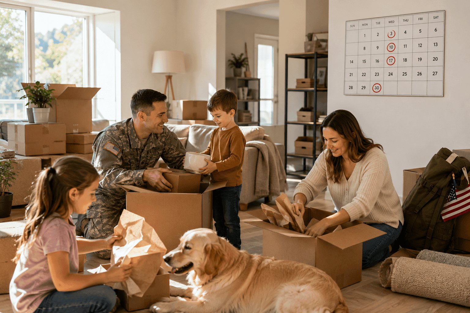 First 90 Days After a PCS Move Military family unpacking boxes in their new living room with a circled-date calendar on the wall.