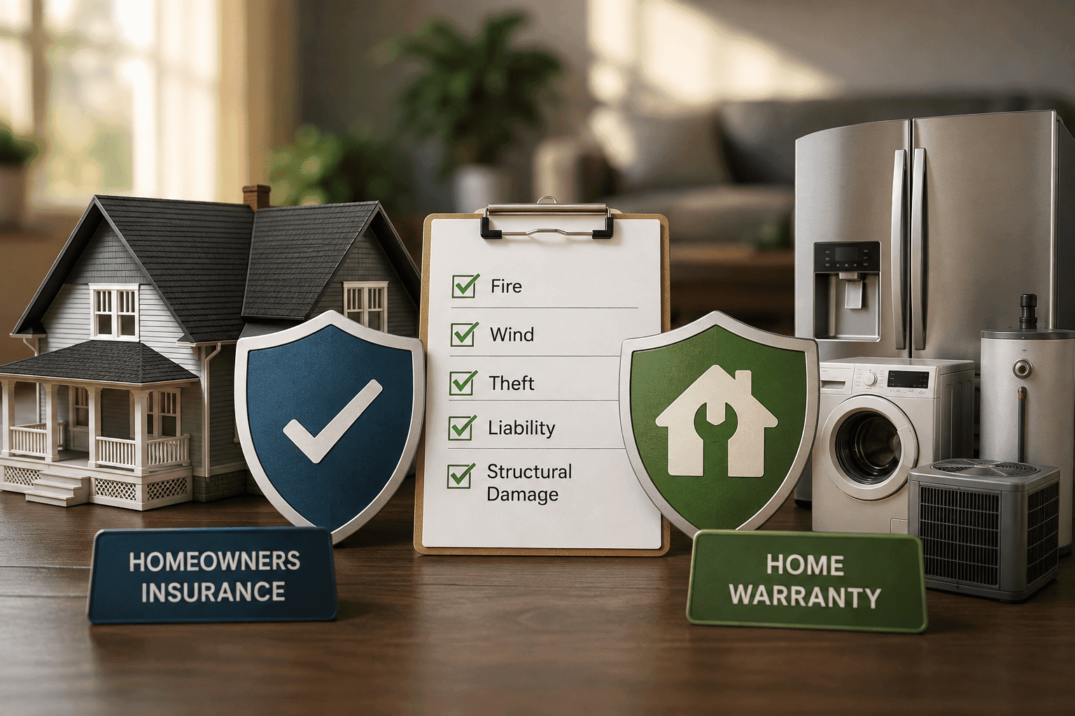 Miniature home and homeowners insurance shield beside appliances and home systems representing home warranty coverage.