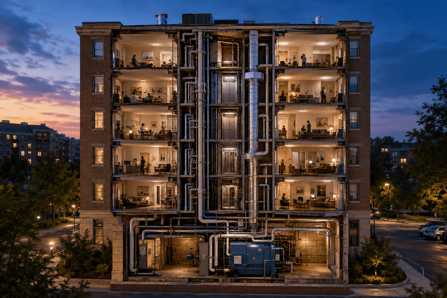 What Is Behind Your Condo Fee Condo building with its facade removed, showing shared pipes, elevator shaft and boiler room inside.