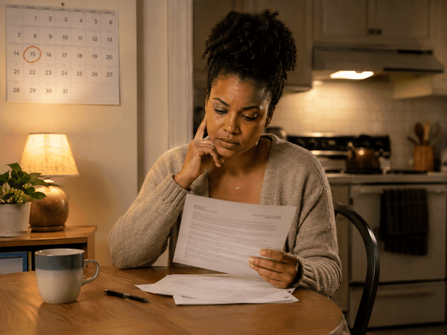 What to Know Before Signing a Lease Renewal Renter reviewing a lease renewal letter at a kitchen table with a calendar on the wall