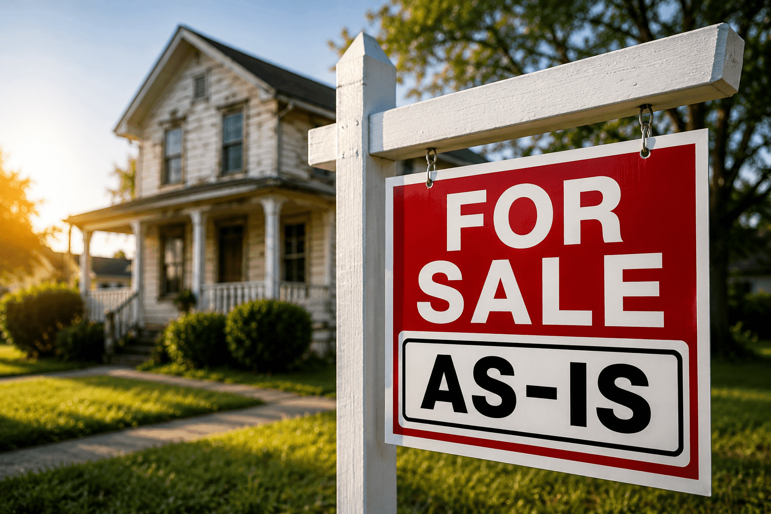 For sale sign with an as-is rider in front of an older Virginia home