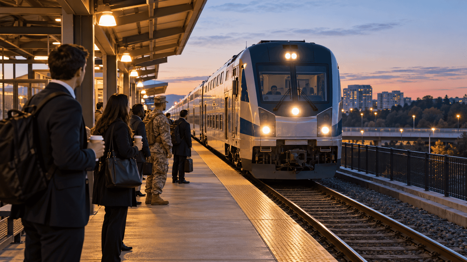 Commuters waiting on a VRE platform as a Fredericksburg Line train arrives in the early morning.