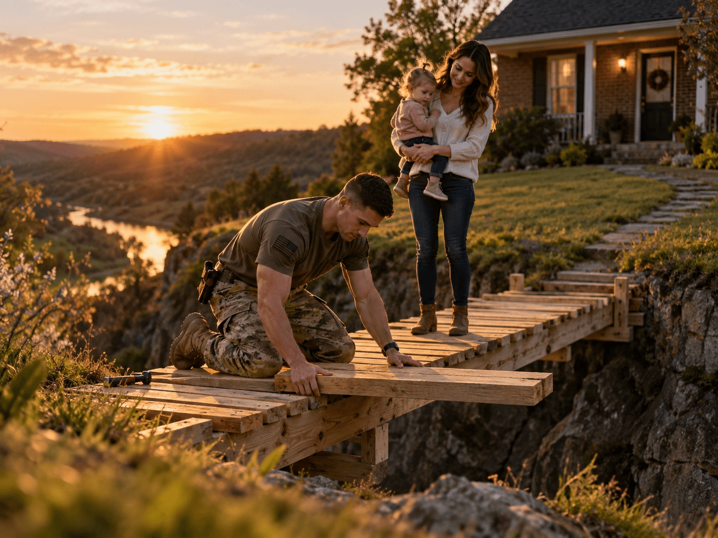 Military family completing a wooden footbridge across a gap toward a small brick home at sunset